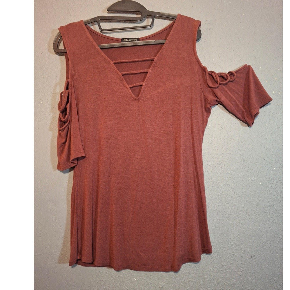 Jella Couture Women Terracotta Rust Cold Shoulder Caged V-Neck Strappy Top